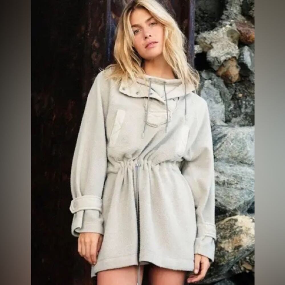 FP We The Free Sadie Hooded Surplus Knit Jacket Shacket Dress Khaki Tan Size L